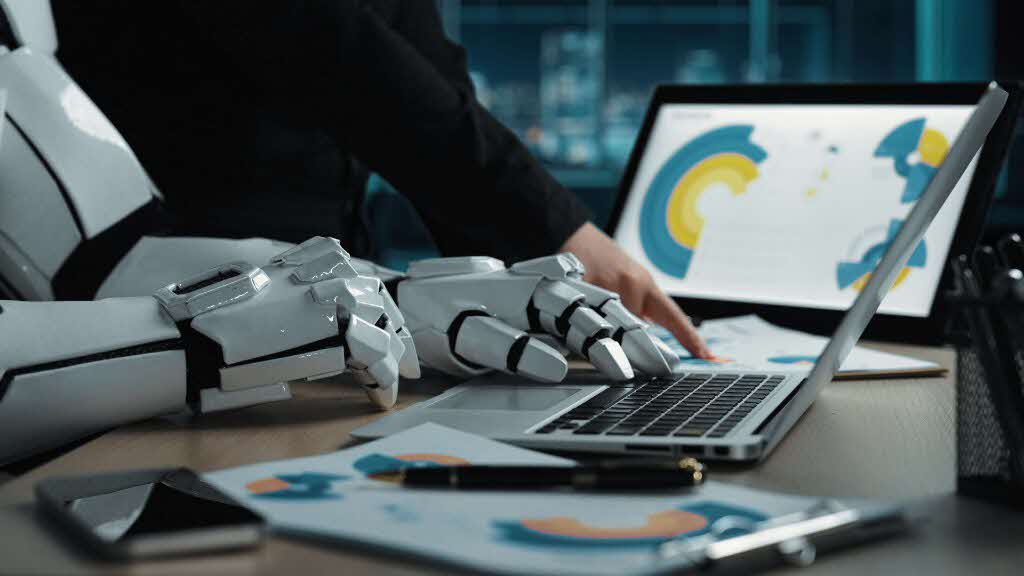 Human and robot collaborating on data analysis and KPIs