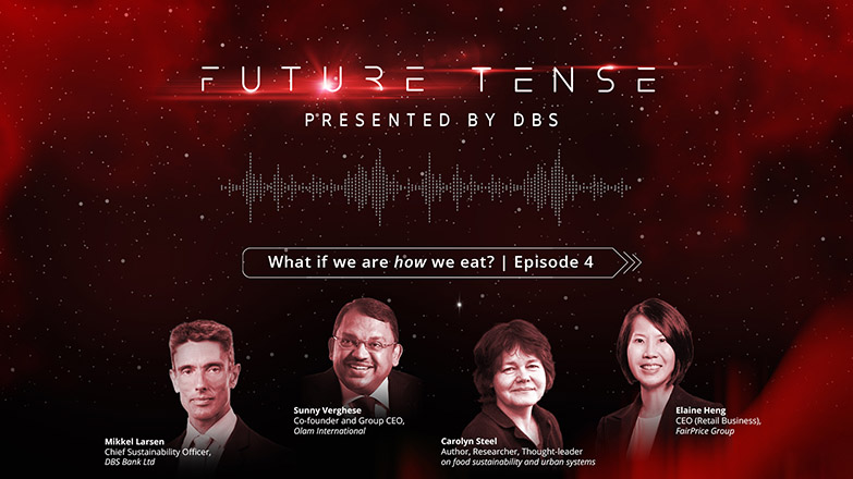 Banner of the Future Tense Podcast Episode 4, featuring speakers and the topic 'what if we are how we eat?'