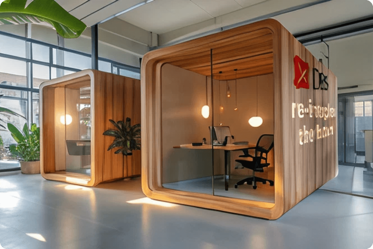 A mobile office pod, the Regenerative Mobile Showflat, with a sleek, modern design.