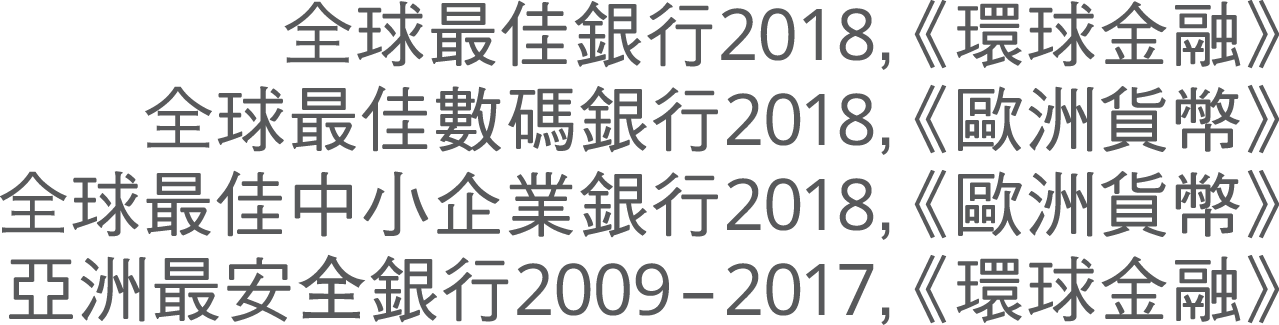 Best Bank in the World 2018, Global Finance World's Best Digital Bank 2018, Euromoney World's Best Bank for SMEs 2018, Euromoney Safest Bank, Asia 2009-2017, Global Finance